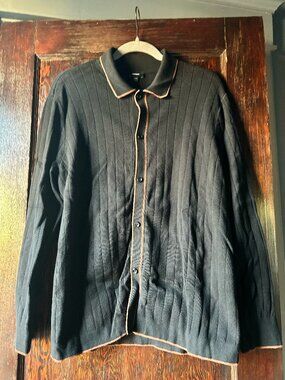 Express Men's Black Cardigan with Brown Pinstripe Size Large